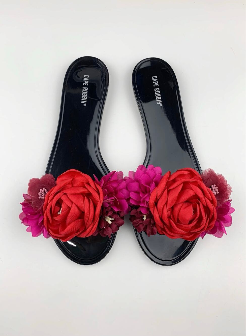 Cape Robbin Full Bloom Black Jelly Sandals Slides Red Pink Flowers Women's 6